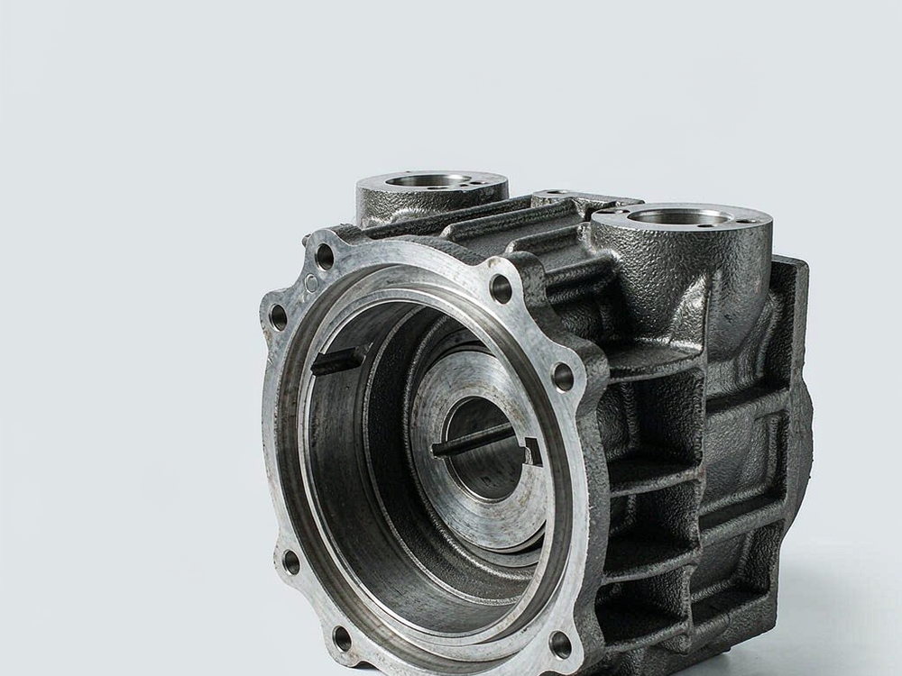 Grey iron gearbox housing with cooling ribs and a machined sealing flange