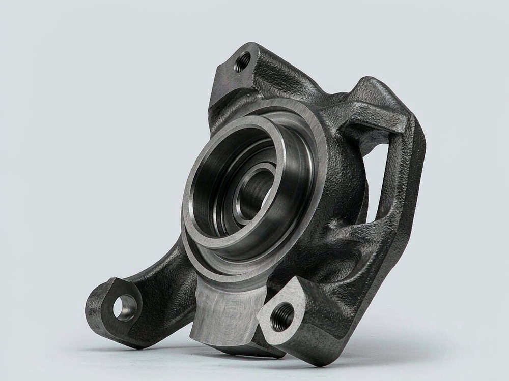 Ductile iron steering knuckle with machined hub bore and caliper mounting ears