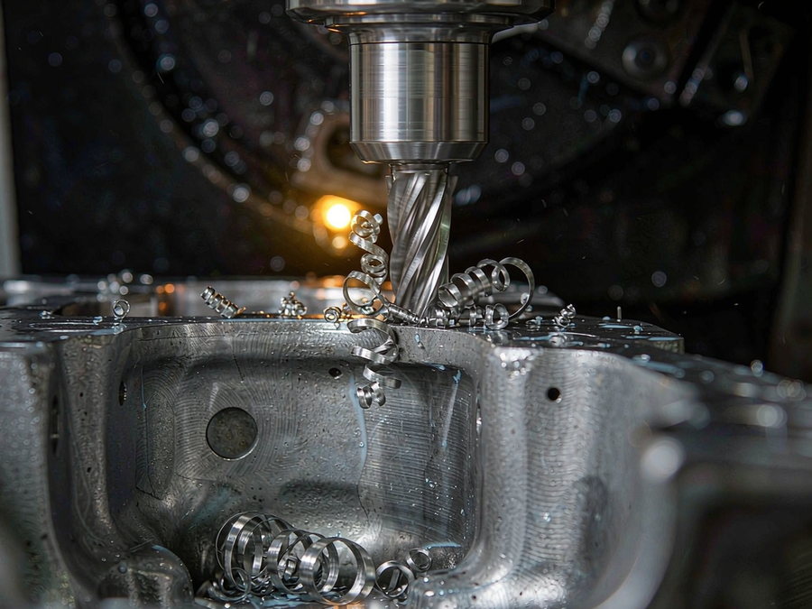 CNC end mill cutting a cast iron part with steel chips curling away